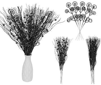 ICBOX 20PCS Glitter Artificial Curly Berry Stems Ornaments Fake Christmas Candy Picks Decorative Glitter Sticks Branches Combo Set for Xmas Tree Wreath Crafts Vase Filler Home Decor (Black)