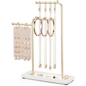 Jewelry Stand Organizer with Metal Frame and Velvet Tray, Jewelry Holder for Women, White Necklace Organizer (T28)