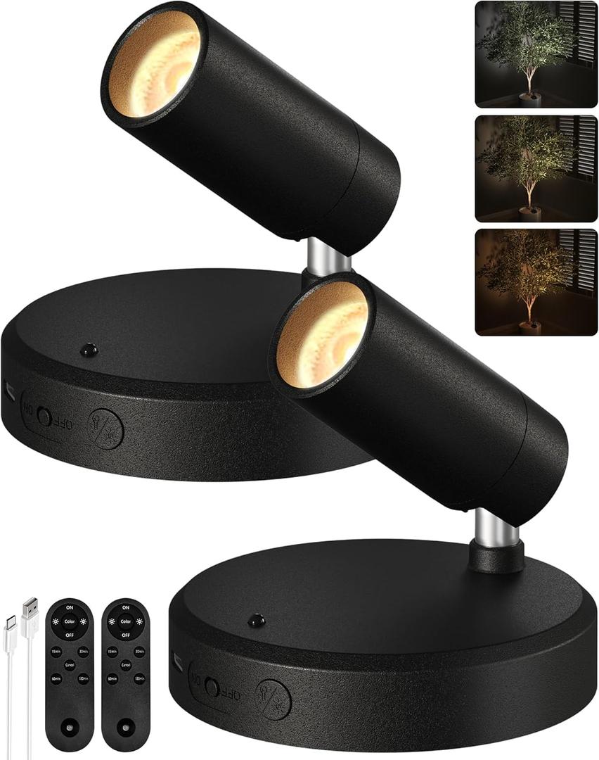 EZVALO Spotlights Indoor with Remote, 5500mAh Rechargeable Picture Lights, Wireless LED Uplighting with TimerDimmable, 3CCT, Display Lights for Plant Painting, Artwork, Accent Lighting (2Pack-Black)