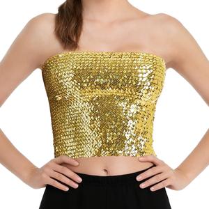 Womens Sparkly Sequin Mermaid Crop Tops, Strapless Metallic Tube Tops for Party Clubwear,Large-X-Large, Gold
