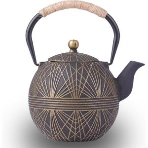 Enameled Cast Iron Teapot 34oz（1000ml） - Japanese Style Kettle with Removable Stainless Infuser & Ergonomic Handle, Stovetop Safe for Loose Leaf Tea Green and silver (Black Gold)