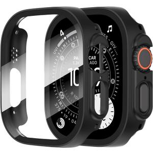 Suoman 2-Pack for Apple Watch Ultra 3/2/1 49mm Case, Ultra-Thin Tempered Glass Screen Protector, All-Around PC Protection Cover for iWatch Ultra 49mm 3/2/1r - Black