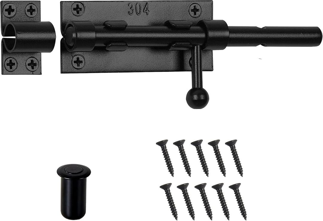Barrel Bolt Latch, Slide Bolt Gate Latch, 6.3 Inch Black Slide Lock with Padlock Hole, Solid 304 Stainless Steel Heavy Duty Hardware for Wooden Fence Gates Interior Door Barn Door Window