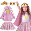 iROLEWIN Wonder Star Superhero-Costumes for Girls Dress-Up Super-Hero-Capes for Kids Tiara Tutu as Christmas Birthday Gifts