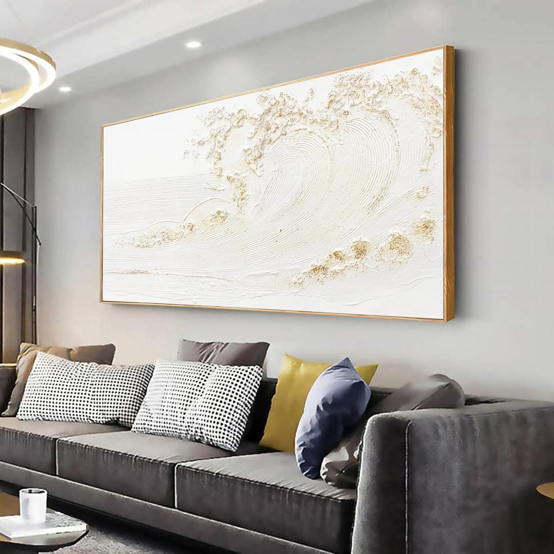 Wall Art Small Size Framed Home Artwork Decor Hand Painted White wave with golden embellishments Modern Canvas Painting For Living Room Decor For Bedroom Office Wall Decor 20"X 40" (40L" x 20W")