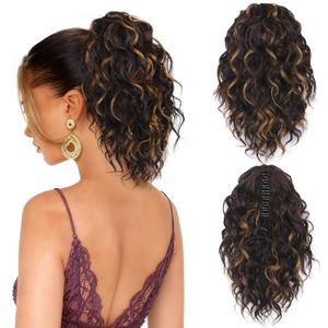 Clip on Ponytails for Women - 12 Inch Curly Ponytail Extension, Curly Pony Tails Hair Extensions, Synthetic Clip in Ponytail Hair Extensions (Color: Dark Brown with Honey Blonde Highlights)