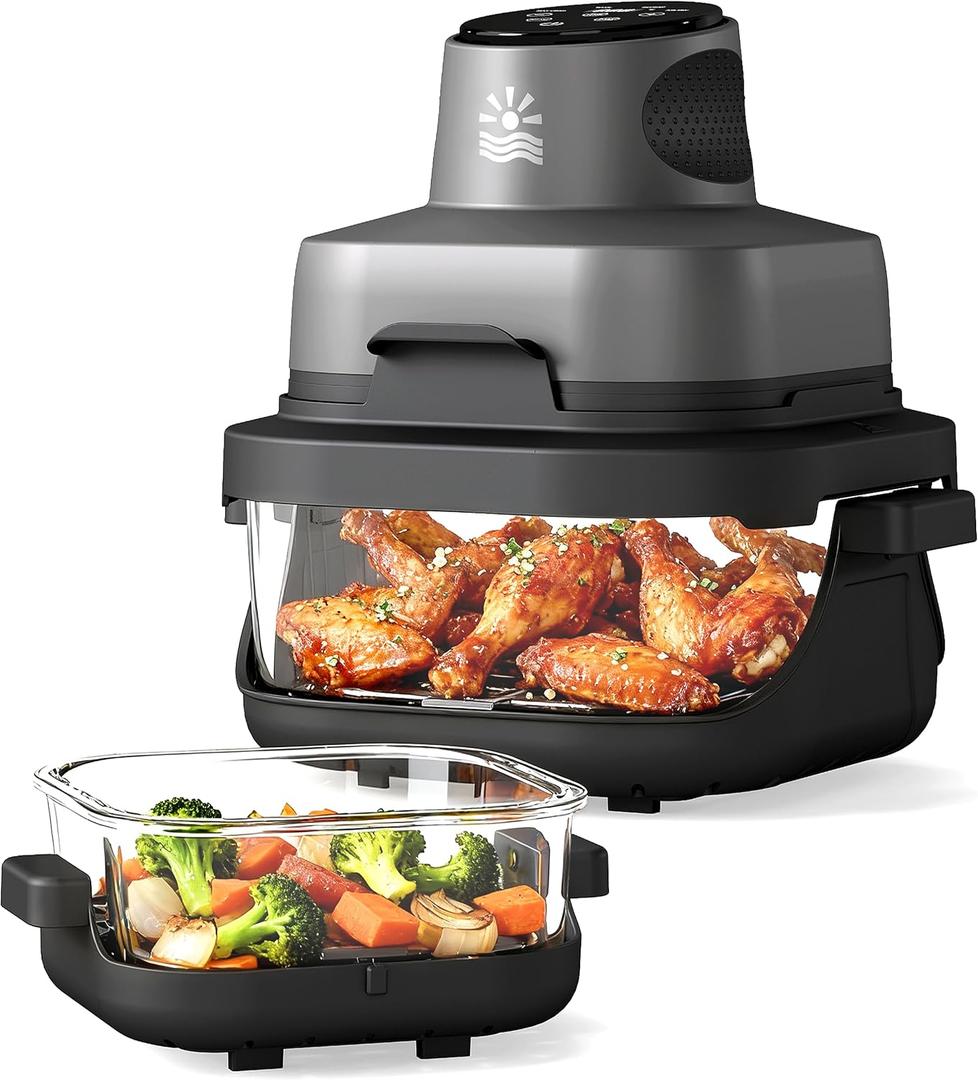 4-in-1 Portable Glass Air Fryer - 1500W, 400°F Precise Heat, 4.2QT & 1.6QT Dual Glass Containers and Lids, Non-Toxic, Max Crisp/Bake/Air Fry/Recrisp,Microwave, Freezer & Dishwasher Safe, Small