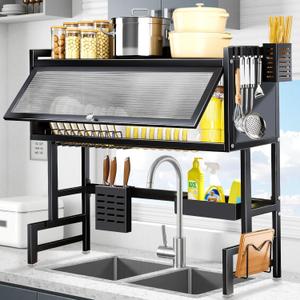 Over the Sink Dish Drying Rack 3 Tier with Cover.Space-Saving Dish Drainer Organizer for Dishes, Glasses, Bowls & Cutlery.Tidy Kitchen Counter Storage Solution
