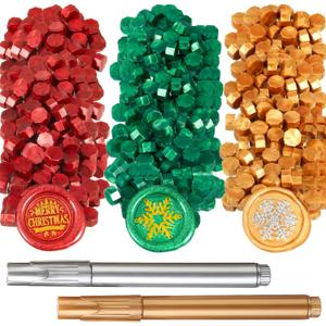 300 Pieces Sealing Wax Beads Christmas Octagon Metallic Sealing Wax Beads with Gold or Silver Metallic Pen for Postcards Envelope Card Holiday Decoration (Pine Green, Red, Gold)