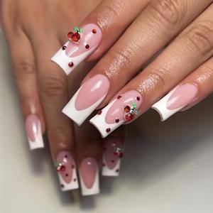 Cherry Press on Nails Medium Square Fake Nails French Tip Glue on Nails with 3D Cherry Charm Rhinestones Design Glossy White Tips Acrylic False Nails Cute Nude Pink Stick on Nails for Women Girls Set of 6