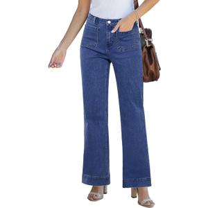 GRAPENT Wide Leg Jeans for Women High Waisted Flare Trendy Stretchy Denim Pants Duo Pockets Trouser Jeans (Blue, L)