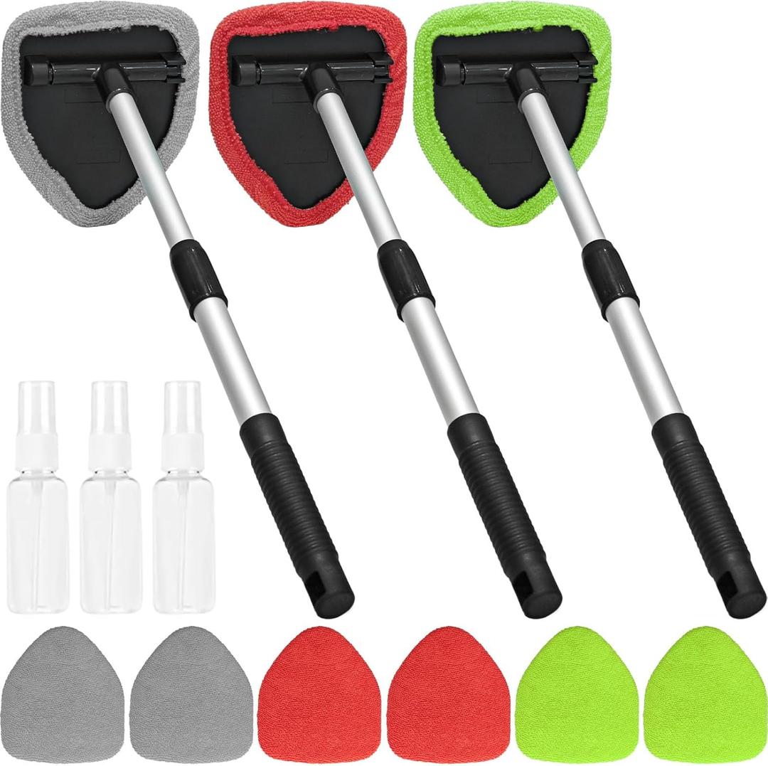 Beieverluck 3 Pieces Windshield Cleaning Tool Inside Car Window Cleaner Cleaning Tool with Extendable Handle, 9 Microfiber Pads and 3 Spray Bottles Car Auto Glass Wiper Kit