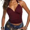 MakeMeChic Women's Rhinestone Ruched Halter Top Sleeveless Slim Fitted Y2K Crop Tops (XS)