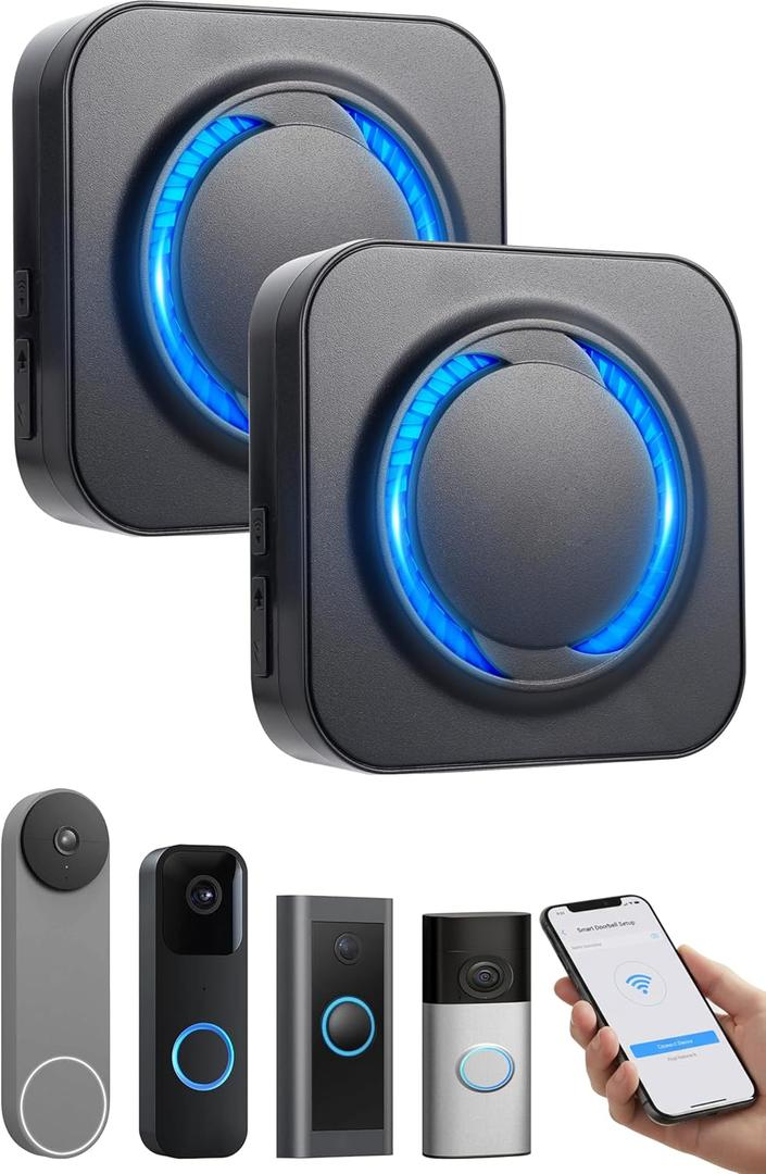 Smart Wireless Doorbell Chime for Ring, Blink, Google Nest - 2-Pack, 99+ Expandable, Works with Alexa,No Wiring/Subscription,No Range Limits,58 Chimes,5 Volume, Easy to Setup, Ideal for Large Homes