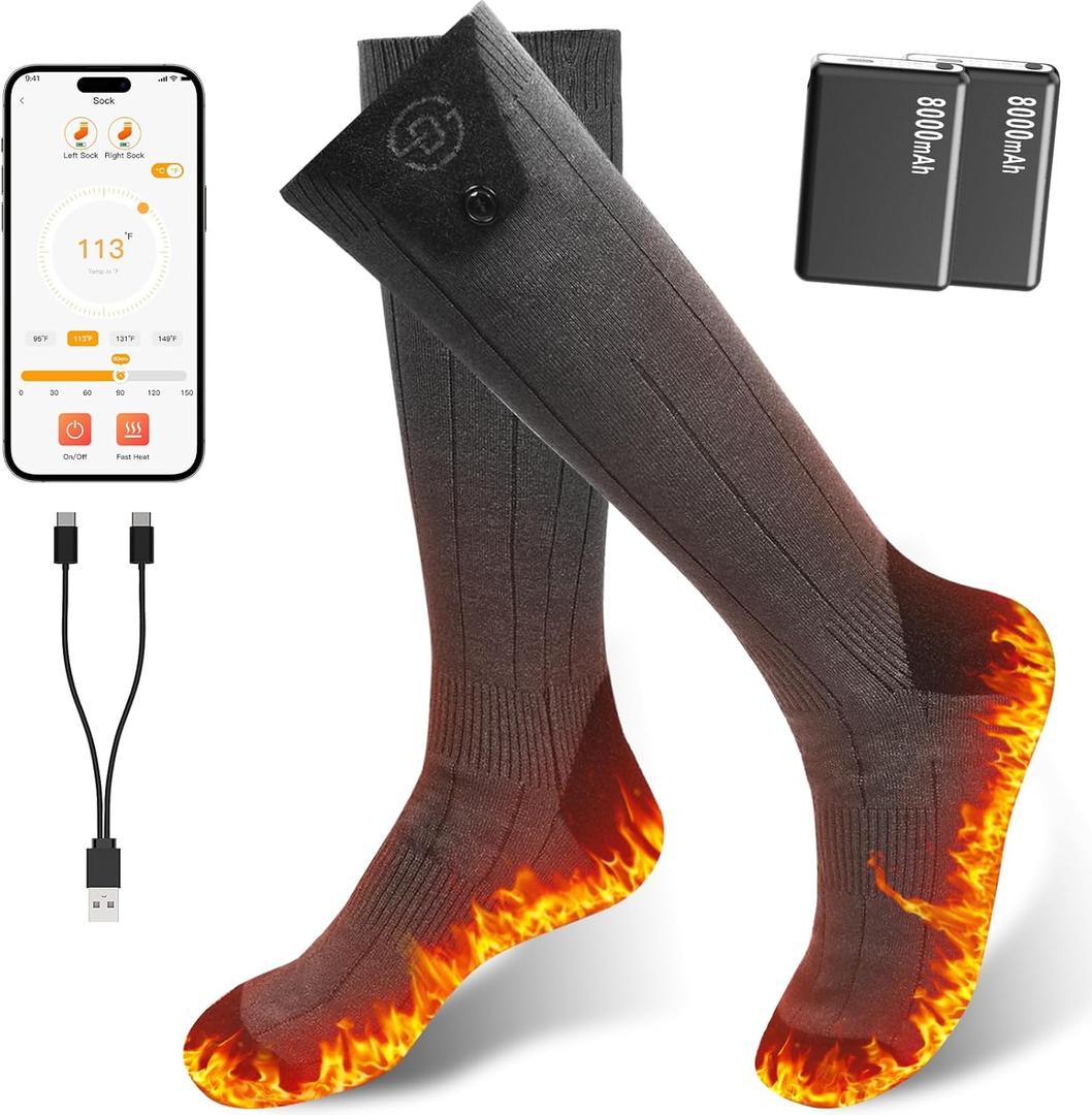 Heated Socks for Women Men, 8000mAh Rechargeable Battery Foot Warmer Hiking Socks Up to 10 Hours, APP Controlled Electric Heated Socks with 4 Heating Levels for Camping Skiing (X-Large)