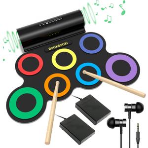 ROCKSOCKI Electric Drum Set, 7-Pad Electronic Drum Set with Headphone Included, Roll-up Drum Pad For Kids, Great Holiday Xmas Birthday Gift (Dual Speakers)