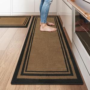 KIMODE Washable Kitchen Rug 20"x48" Farmhouse Rug for Kitchen Floor Non Slip, Absorbent Kitchen Floor Mat for Front of Sink Entryway Hallway Laundry Room Brown and Black