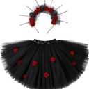 PinkSheep Girls Costume Set,Led Light Up Girls Tutu Skirt with Headband Bow Tie, Kids School Party Outfit Dress Up Cosplay (Medium, Skull Black)