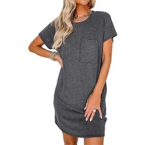 Acelitt Womens Casual Summer Crewneck Short Sleeve Ribbed Mini Tshirt Dress, M