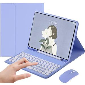 Galaxy Tab A8 10.5 Inch 2022 Model (SM-X200/X205/X207) Case with Keyboard and Mouse Combo,Circle Keys Detachable Magnet Wireless Bluetooth Keyboard Slim Stand Cover with S Pen Holder (Purple)
