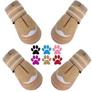 QUMY 4PCS Dog Boots for Large Dogs, Medium Dog Shoes & Paw Protectors for Hot Pavement, Summer Heat Protection, Mesh Breathable Nonslip Dog Booties for Hardfloors, Walking Running Hiking Khaki Size 5