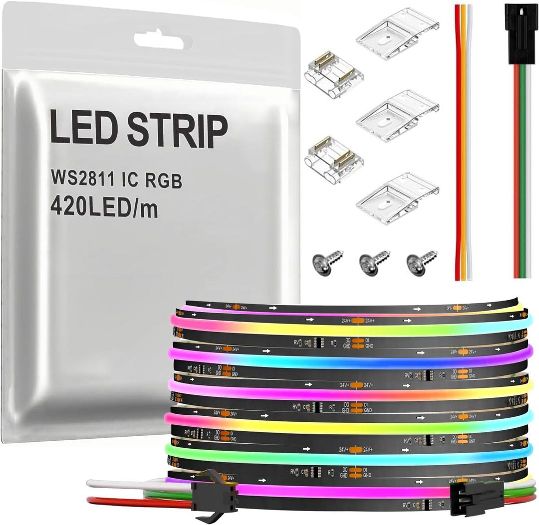 SPI COB RGB IC LED Strip Light FOB WS2811 High Density Uniform Light UL-Listed Dream Color Strip Light DC24V 16.4FT 2100LEDs Black PCB Chasing Color Strip Dimmable LED Tape for Bedroom Party Indoor