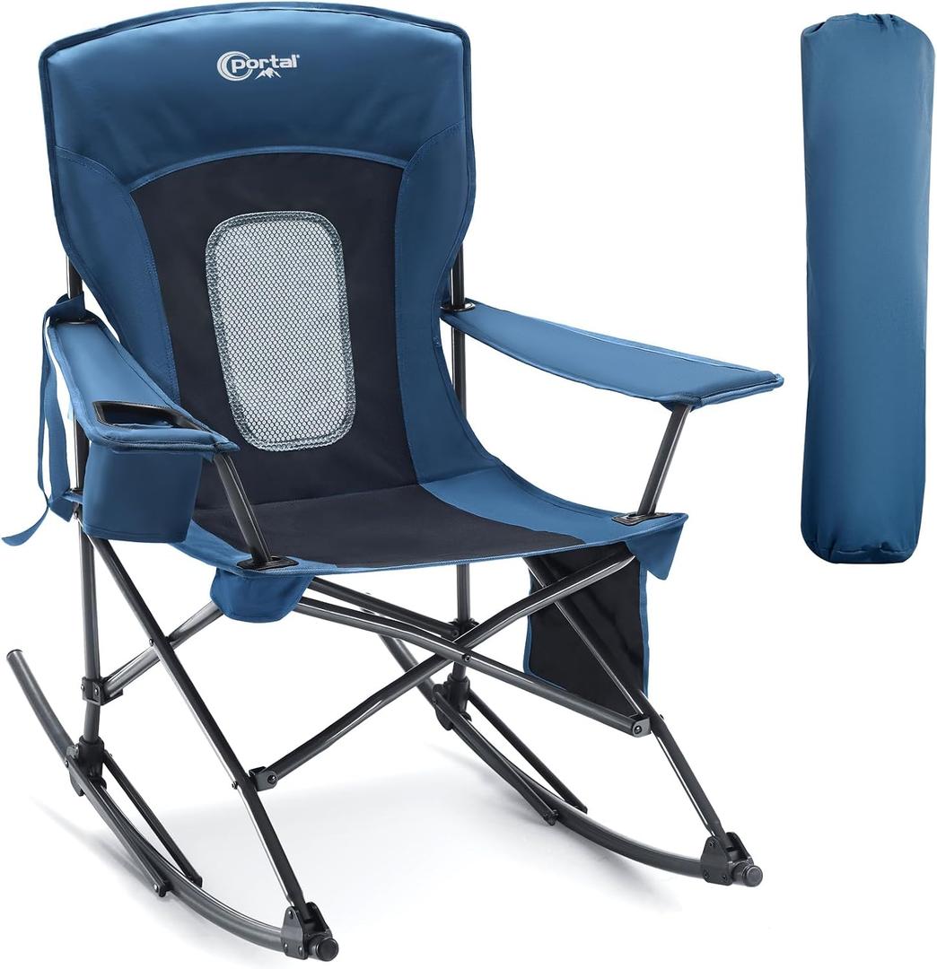 Portal Outdoor Rocking Chair Camping Folding Portable Rocker with Cup Holder Side Pocket Carry Bag, Support 350LBS (Mesh Blue), Mesh Back