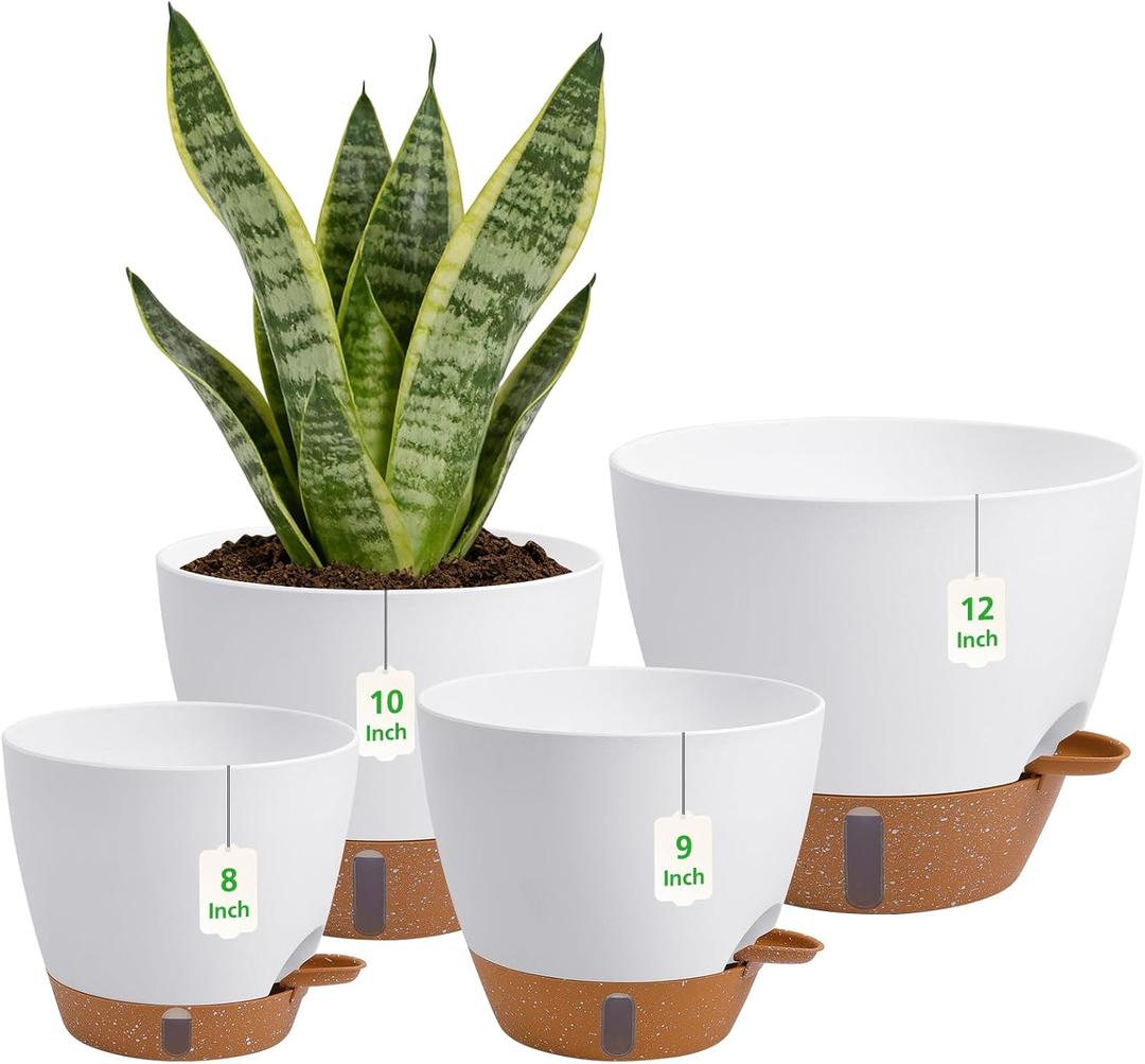 Self Watering Pots with Water Level Indicator, 12" 10" 9" 8" Large Plastic Flower Pots with Mesh Drainage Hole and Removable Saucer Reservoir for Indoor Outdoor Plants (White)