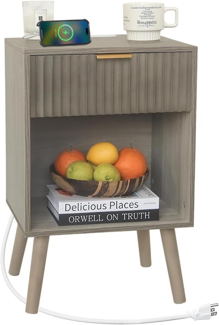 Grey Wood Nightstand with Charging Station, Modern Bedside Table with Fluted Drawers and Storage Shelf, End Side Tables Living Room for Bedroom, Office (Grey)