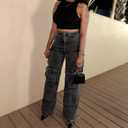 LKOUS Women's Y2K Baggy Straight Wide Leg Cargo Jeans, Streetwear High Waisted Denim Pant, L