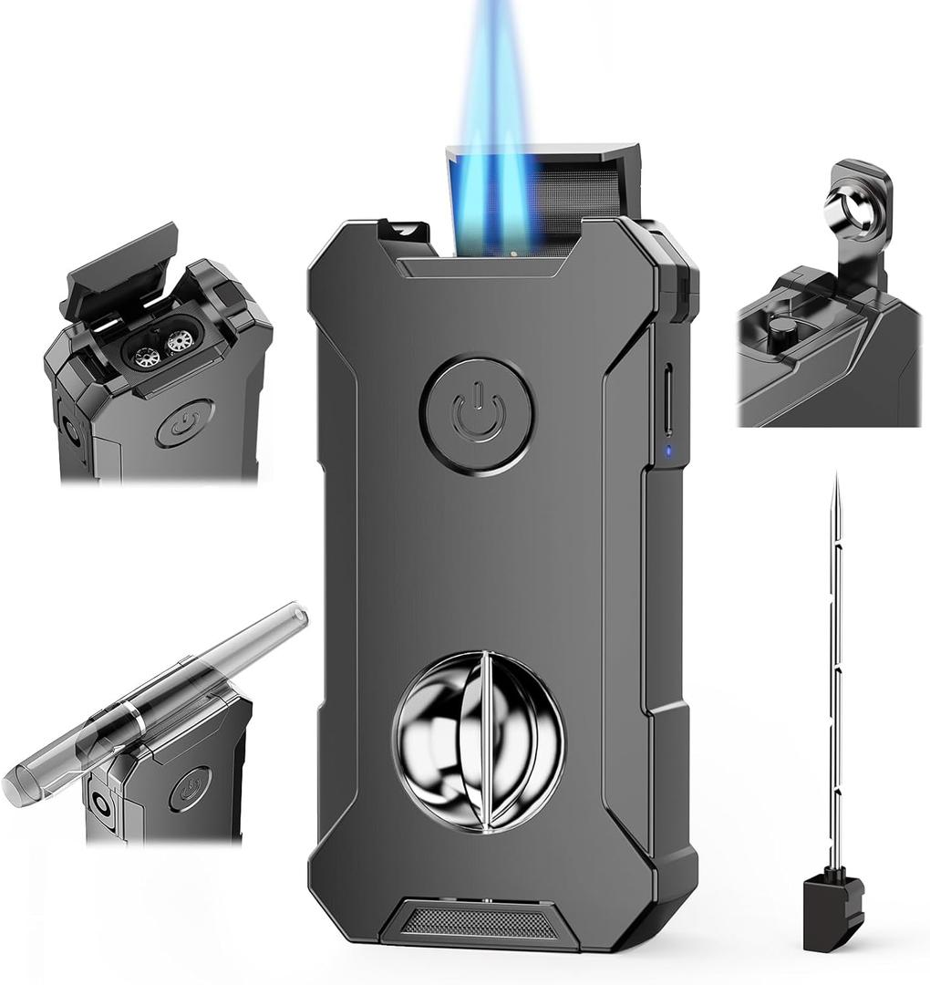 5-In-1 Torch Lighter with Tool, Holder, Punch, Draw Enhancer Tool, Double Jet Flame, Windproof Lighters, Gifts for Men, Rechargeable Refillable Butane Lighter, Cool Lighters for Men Candles (Gray)
