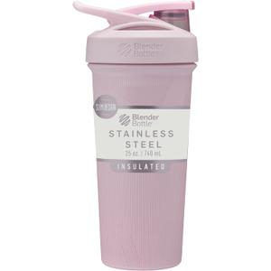 BlenderBottle Sport Shaker Cup Insulated Stainless Steel Water Bottle with Wire Whisk, 25-Ounce, Pink Stripes