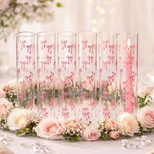 LemonRoad 6 Pcs Valentines Day Pink Bow Hurricane Glass Candle Holders 14 x 2.5 Inch Pink Cute Cylinder Candle Holders Chimney Tube Open Ended Bottomless Cylinder for Wedding Table Centerpiece Decor