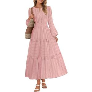 MEROKEETY Winter Midi Dresses for Women 2026 Spring Long Sleeve Casual V Neck Tiered Cotton Maxi Dress Pockets, Size XL