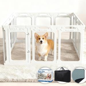 Clear Dog Playpen with Door - Height 24 Inch, 12 Panels - Reduces Indoor Puppy/Small Dog Anxiety, White