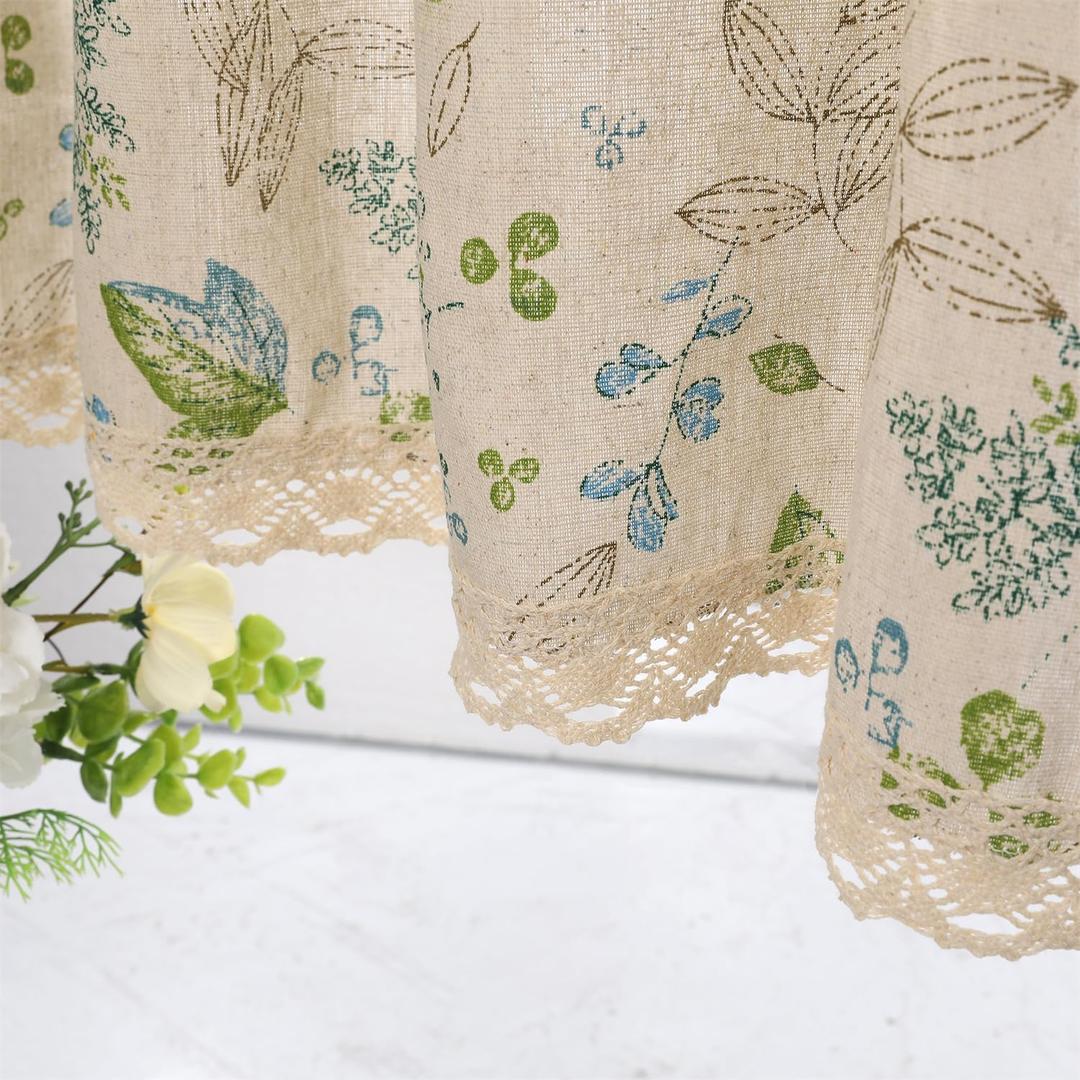 Farmhouse Cotton Linen Tier Curtain 19.6 Inch Long Elegant Floral Lace Window Valance Kitchen Bathroom Short Curtain, 1 Panel, Leaves and Flower on Beige
