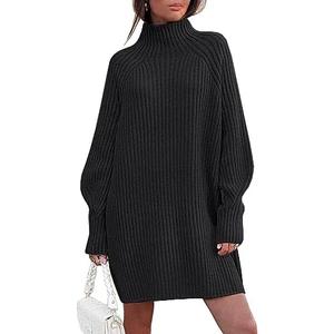 LILLUSORY Sweater Dresses for Women 2026 Fall Fashion Mock Neck Long Lantern Sleeve Oversized Outfits Knit Tops Clothes M
