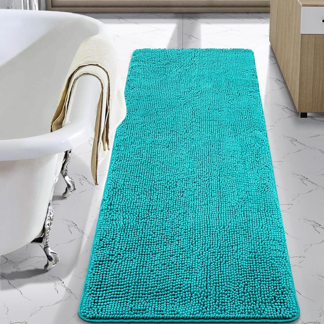 LOCHAS Luxury Bathroom Rug Shaggy Bath Mat 24 x 60 Inch, Washable Non Slip Bath Rugs for Bathroom Shower, Soft Plush Chenille Absorbent Carpets Mats, Teal Blue