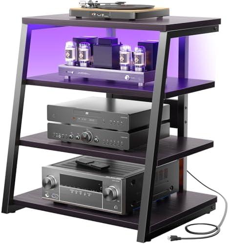 armocity 4-Tier AV Media Stand with Power Strips, Corner TV Stand with LED Lights, Rack Audio Tower with Adjustable Shelves, Corner Entertainment Center, 30"