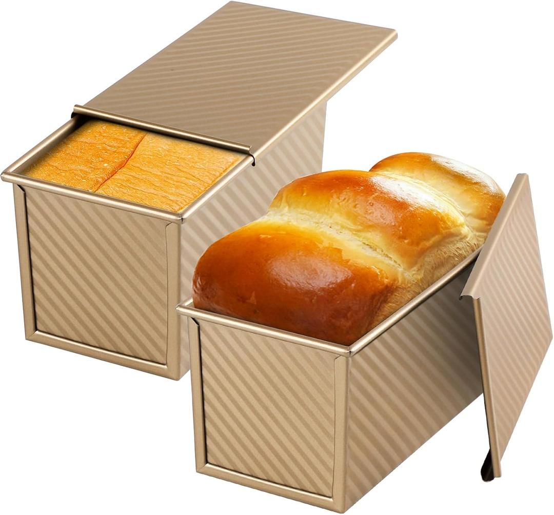 Beasea Pullman Loaf Pan 2 Pack, 1 lb Non-Stick Bread Pan with Lid Carbon Steel Gold Toast Box Mold With Cover For Bakeware Bread, Baking Tools for Oven Baking