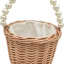 Rustic Wicker Rattan Wedding Flower Girl Baskets,Woven Rattan Storage Basket with Pearl Handles,Woven Eggs Candy Basket for Wedding Home Garden Decor (A)