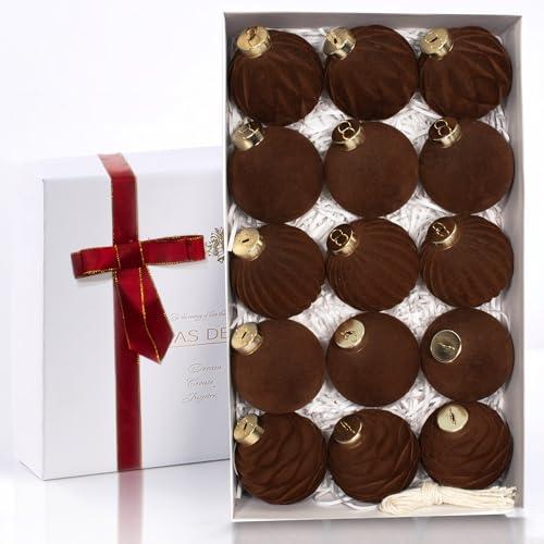 15PCS Brown Velvet Flocked Christmas Ornaments, 3.15" Shatterproof Matte Balls for Xmas Tree Decor, Elegant Luxury Holiday Ornaments (Brown)