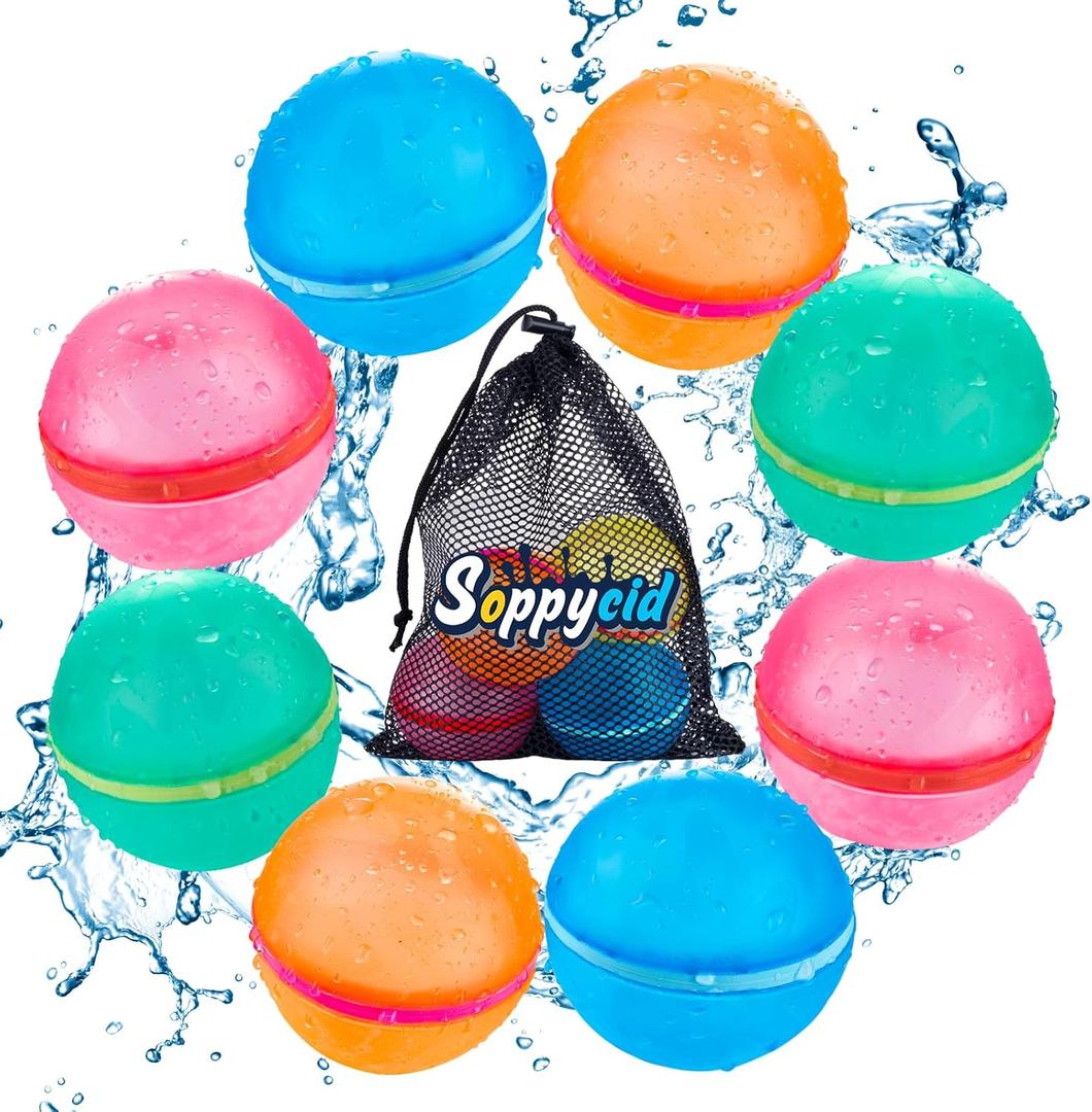 Reusable Water Balloons with Mesh Bag, Latex-Free Silicone Quick Self-Sealing Water Splash Bomb for Kids Adults Water Game, Bath Toy, Pool Toy, Summer Party Supplies (8PCS)