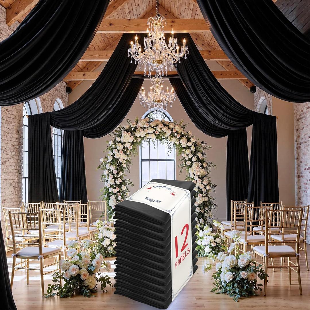 leegleri 60ft20ft Black Ceiling Curtain Drapes for Weddings Parties, Wrinkle Free Polyester Draping Fabric Black Drapery for Party Tent Canopy Hotel Banquet Hall Ceiling Decor-12 Panels 520ft, 60"W x 240"L