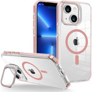 for iPhone 15 Case Clear with Kickstand and Screen Protector - Wireless Charging Compatible, 21ft Military-Grade Drop Tested,Shockproof Slim Fit Magnetic Crystal Cover - Pink