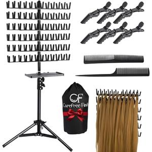 CF Braiding Hair Rack with Detachable Tray, Height Adjustable Braiding Rack 2-sided 144 Pegs Hair Extension Holder, Hair Stand with Storage Bag & Stylist Hair Braiding Accessories for Hair Salon