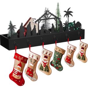 Christmas Nativity Wooden Box with Stocking Hanger Christmas Stocking Holder for Mantel Nativity Multipurpose Table Centre piece Box with 6 Hooks Wooden Table Centre piece for Xmas Entryway