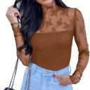 PINKMSTYLE Women's Long Sleeve Lace Bodysuit High Neck Sexy Tops for Going Out, Concert, Date Night Outfits (Medium, Brown)