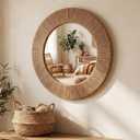 OYPEIP 24 Inch Round Natural Jute Woven Decorative Wall Mirror, Boho Wabi Sabi Textured Frame Mirror for Farmhouse Coastal Living Room Entryway Bathroom Home Decor