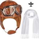 4Pcs Aviator Costume Accessories,Aviator Hat With Goggles White Scarf Brooch,Pilot Cap for Adults Halloween Party (Brown)